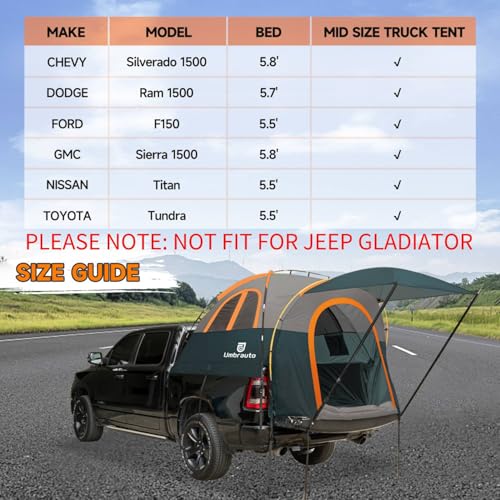 Umbrauto Truck Bed Tent with Awning: 5.5-5.8FT PU3000mm Waterproof Tailgate Pickup Truck Tents, Easy Set-up for 2 Person, Fits Full Size Short Bed, Chevy, Dodge, Ford, GMC, Green by Umbrauto - Image 3