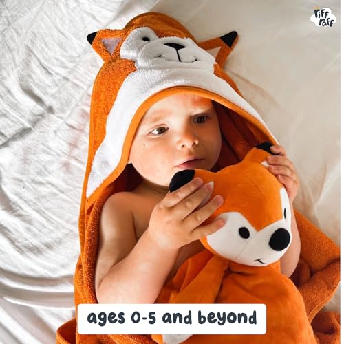Image of Riff Raff Sweet Fox Hooded Towel - Premium Cotton Baby Towel with Mitt Set - Ultra Soft Machine Washable Cartoon Hooded Baby Towels - Baby Towels with Hood for Newborn Baby, Infants, Toddlers