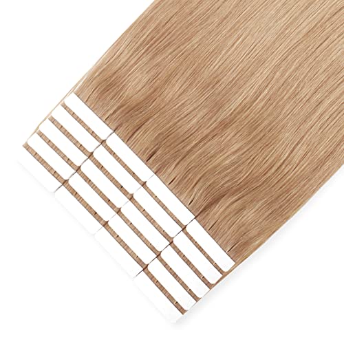 Image of Sixstarhair Strawberry Blonde Tape in Hair Extensions Remy Human Hair Double Side Tape Attached Invisible Hair Extensions 20 Pieces [Color 27 Strawberry Blonde 16inch]