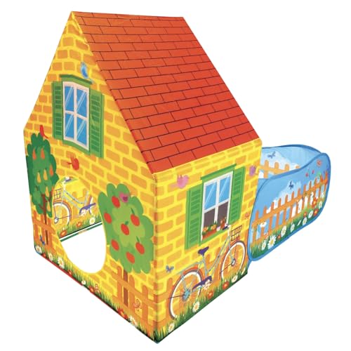 Casetta Gioco per Bambini con Giardino Recintato, Casa in Stile Country con Tetto Rosso, Area Gioco Esterna
