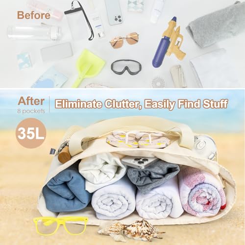 KABAQOO Large Beach Bag Waterproof Sandproof Tote Bag for Women with Zipper & Mesh Pockets for Pool Swim Travel Everyday4