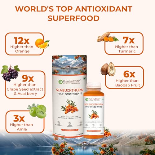 Image of Pure Nutrition Seabuckthorn Pulp Concentrate 300ml | Rich in Omega Fatty Acids (3,6,7 & 9), Vitamins & Antioxidants | Supports Immunity, Heart & Digestive Health | Promotes Skin,Cellular Health & Overall Wellness