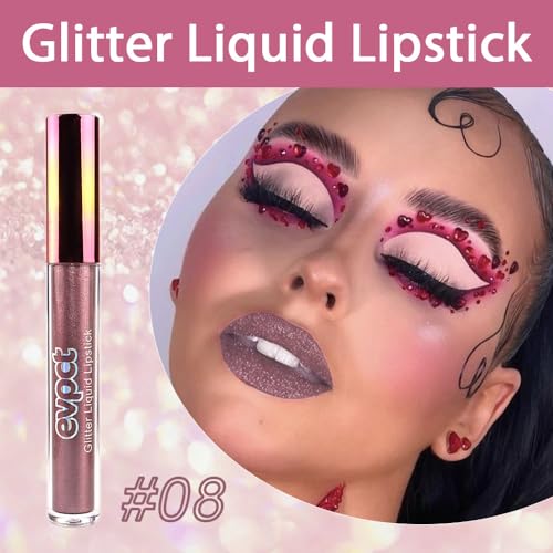 Image of evpct 1Pcs Taupe Mauve Glitter Metallic Shimmer Diamond Lipstick Lip Gloss Stain Set for Women Long Lasting Waterproof, Mauve Purple Sparkle Glitter Matte long Wear Liquid Lipstick Lip Makeup Kit, 08#