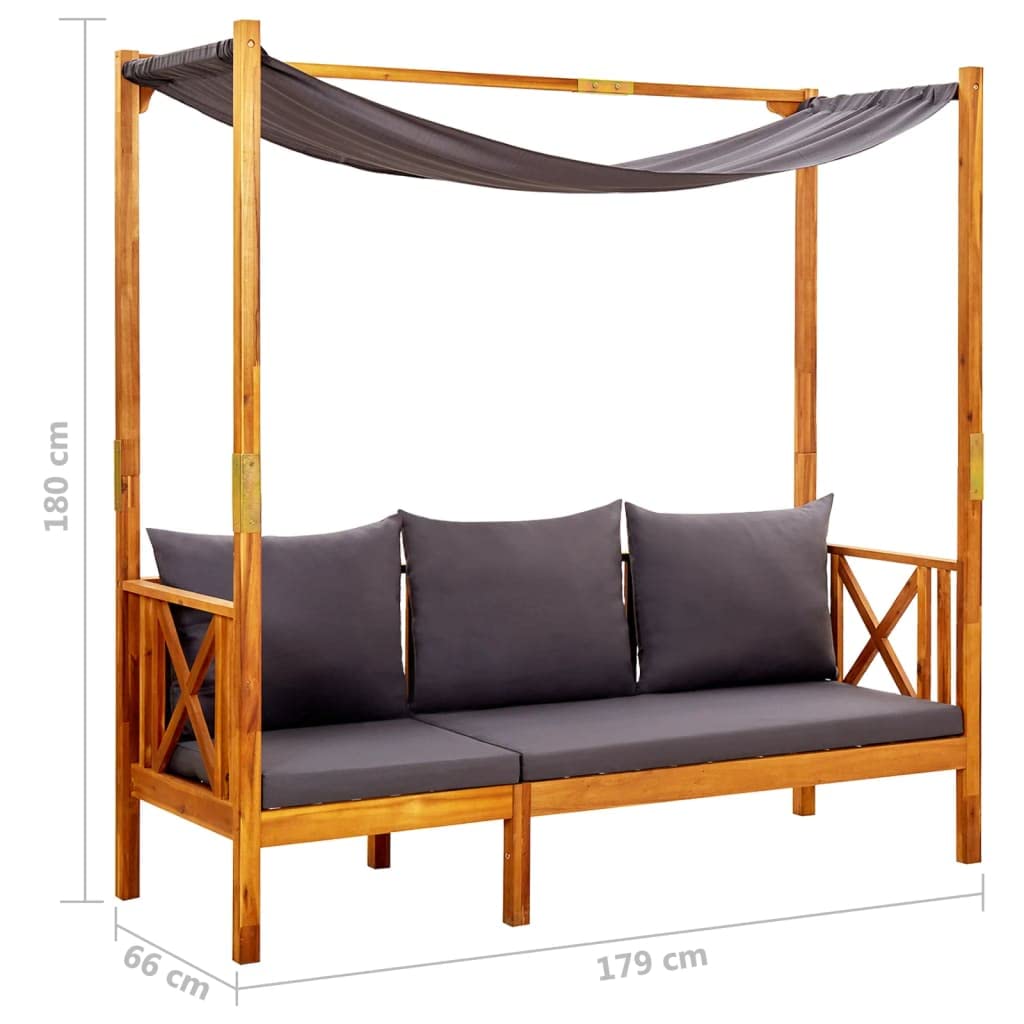 Panca da giardino con baldacchino in legno di acacia massello, letto da giorno esterno con cuscini imbottiti per un comfort ottimale, riparo solare per terrazza e giardino