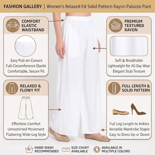 Image of FASHION GALLERY Women's Solid Rayon Palazzo Pants | Relaxed Fit Full Length Wide Leg Palazzo | Elastic Waist Comfortable Casual Lounge Office Ethnic Flared Trousers for Women
