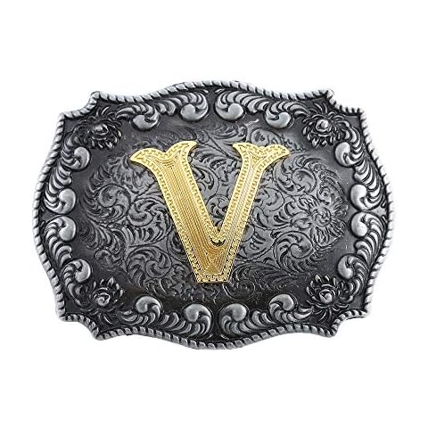 xinqida Western Belt Buckles for Men A to Z Initial Letters Cowboy Belt Buckles with Cloud Roll Edging,Black Gray Cover