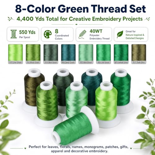 Image of Simthread 8 Shades 550Yds Each 40WT Polyester Embroidery Thread Green Set | 8-shade green set with 550Yds each offers smooth 40WT polyester thread for home and commercial embroidery machines.
