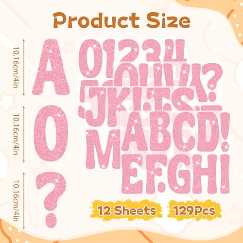 Image of Bulletin Board Letters 129 PCS Glitter Letter Stickers Large 4 Inch, Pink | 12 Sheets,Alphabet Number Stickers,Self-Adhesive,Sticker Letters for Poster Board,Classroom,Display,Mailbox,Craft,Party Decor