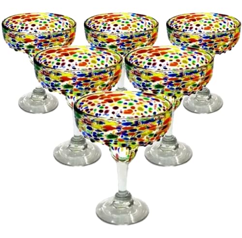 Novedades Cari Mexican Hand Blown Glass - Set of 4 Hand Blown Margarita Glasses - Cobalt Blue Rim (16 oz) (Confetti), VS003