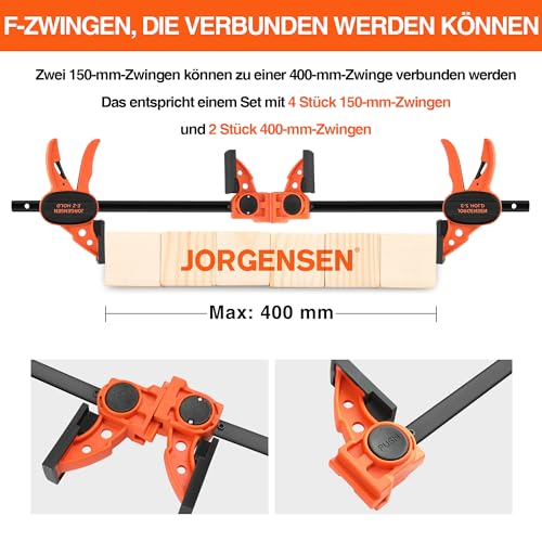 JORGENSEN Einhandzwingen 4 Stück, Profi Schraubzwingen Set 2 in 1 kombinierbar zum Spannen Dehnen, Spannweite 150/420mm, Spannkraft 68kg für stabiles Fixieren von Holz Möbel mit einer Hand