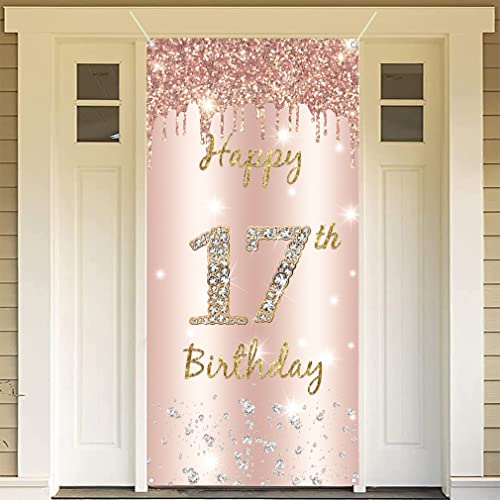 17th Birthday Decorations for Girls, Happy 17th Birthday Backdrop Banner Rosegold Fabric Sign Poster, Girl 17th Birthday Door Banner Party Welcome Sign