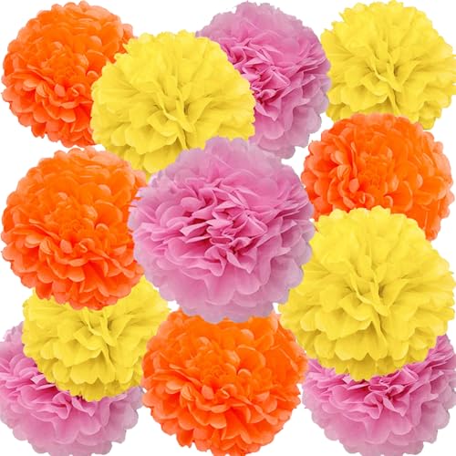 Image of We Moment Pink Orange Yellow Paper Pom Poms for Party Decoration Boho Party Ceiling Wall Hanging Tissue Flowers Decorations 12pcs 3 Colors