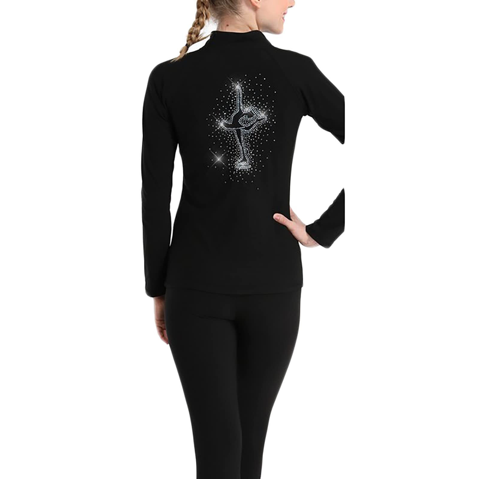 Giacca e Pantaloni Termici per Pattinaggio Artistico Ragazze e Donne Traspirante Pantaloni in Pile Polare con Strass(Size:M,Color:Nero)