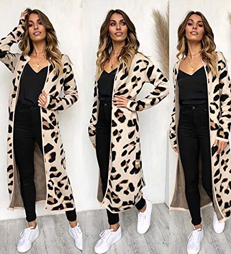 Angashion Women's Long Sleeves Leopard Print Knitting Cardigan Open Front Warm Sweater Outwear Coats with Pocket Khaki M