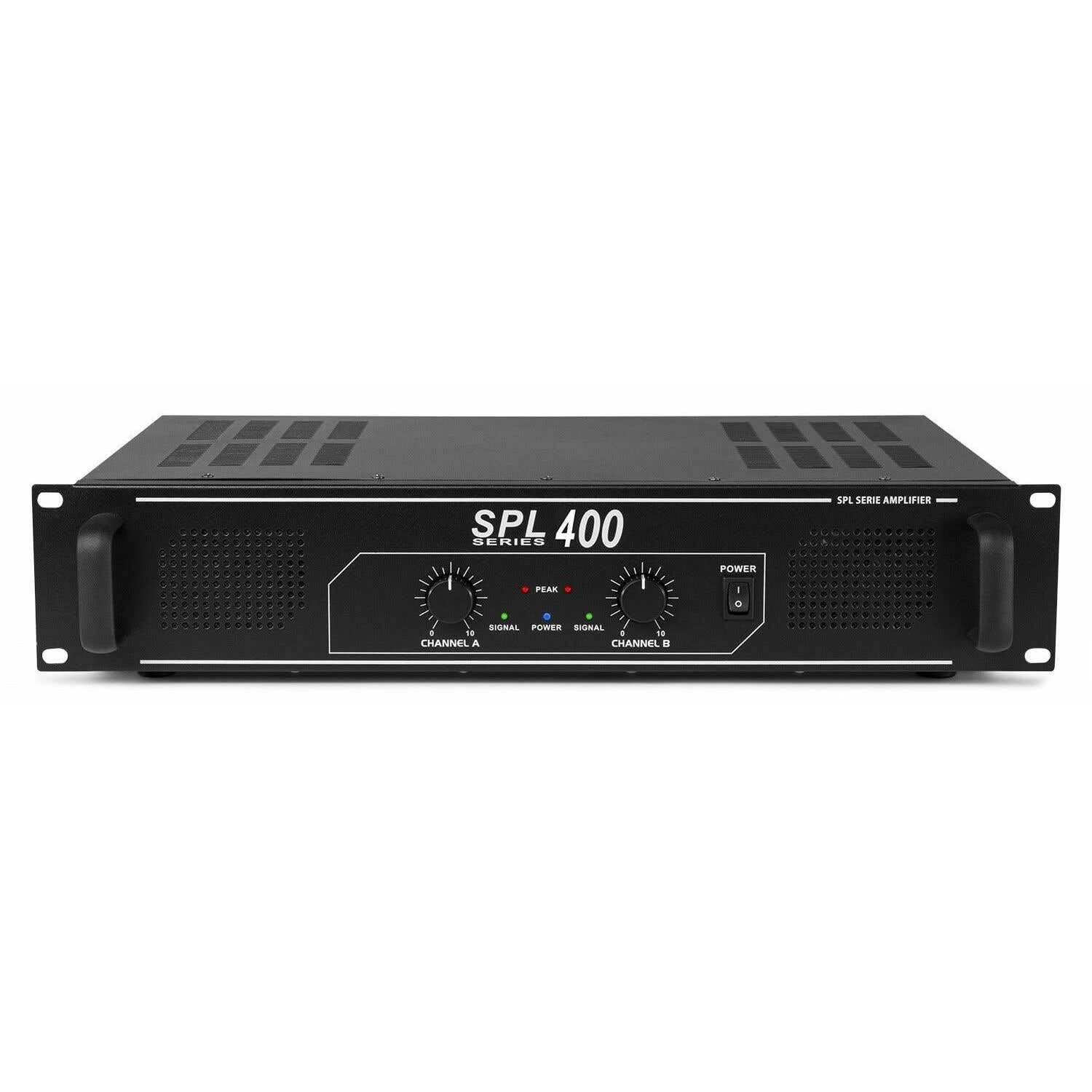 SkyTec SPL400 PA Verstärker Endstufe 400 Watt, mit 3-Band-Equalizer, 3 Kanal Input, Chinch, AUX, Amplifier ideal für kleine DJ Boxen, Clubs, Bars und Gastronomie, Schwarz
