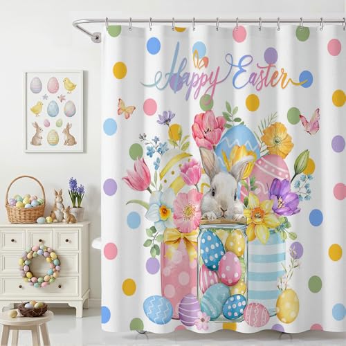 Lindameler Easter Shower Curtain for Bathroom Cute Bunny Eggs Colored Spots Spring Floral Shower Curtain for Spring Easter Bathroom Decor 72 X 72 Inch Waterproof
