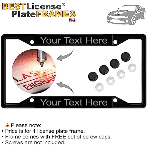 Image of Personalized with Custom Text Design - 4 Hole Black Metal Laser Engraved US Standard Size - Car License Plate Frame with Free caps - Black /Gray Text (Qty: 1 Frame)