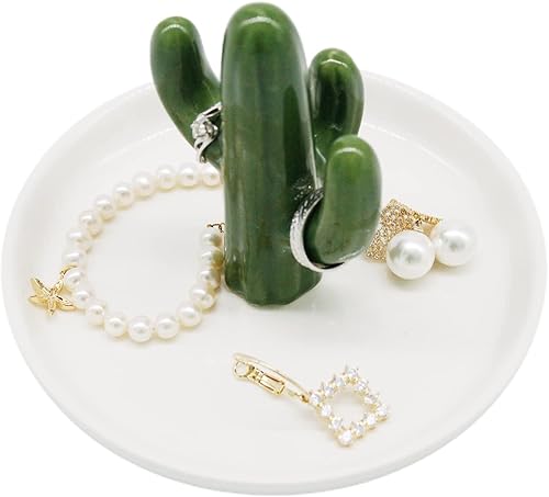Plato de cerámica para joyas, soporte para anillos y bandeja decorativa para baratijas para baño, mesita de noche y tocador (Cactus)