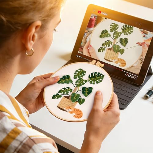 Image of Monstera Embroidery Kits for Beginners Adults, Cat Hand Embroidery Kits, Potted Plant Cross Stitch Kits for Beginners DIY Craft Kits for Adult Women, Entire Set of Embroidery Supplies & Video Tutorial