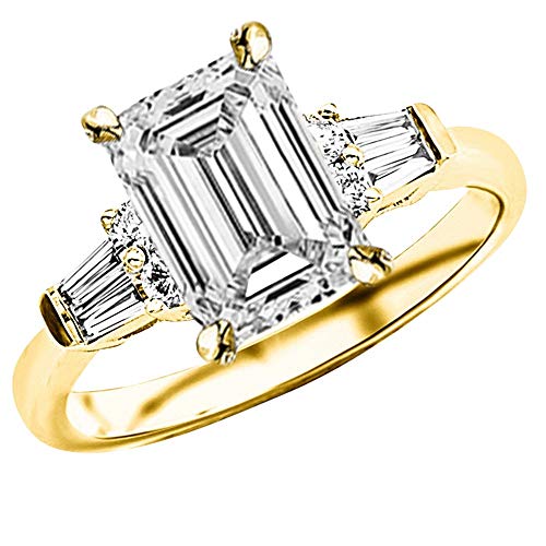 14K White Gold 1 to 5 Carat LAB GROWN Diamond Prong Set Round And Baguette Emerald Cut Diamond Engagement Ring (E-F Color VS1-VS2 Clarity)