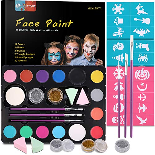 Face Paint Kits for Kids, Semai 30 Stencils, 14 Colors Professional Face Painting