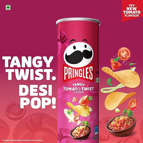 Image of Pringles Tangy Tomato Twist 102 Gram | Potato Chips | Tangy Tomato With A Twist Of Sweet & Spicy Salsa Flavour | Crispy Snack | Crunchy Snack Food For Movies, Games & More | On-The-Go Can - Tomato
