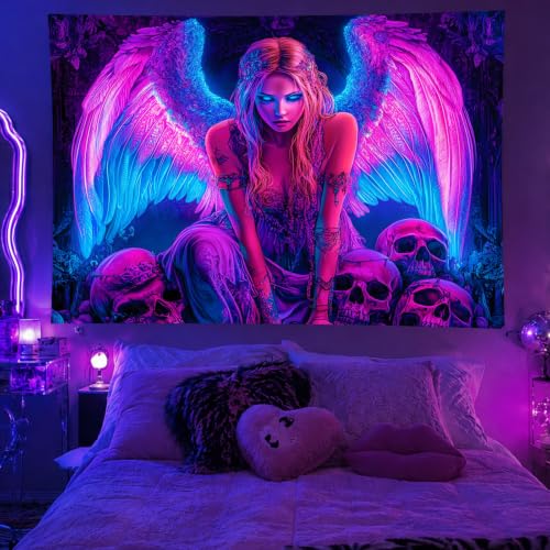 Image of BlissYard Blacklight Gothic Tapestry 78x59 Inch Womens Tapestry | Cool Girl Art Skull Trippy Wall Art, Uv Reactive Glow In the Dark Psychedelic Wall Hanging for Bedroom Dorm Room Decor