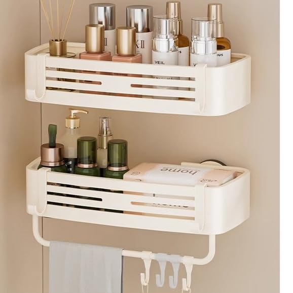 Reelyo 吸盤 浴室用ラック バスラック 浮かせる収納 水切り 防水と防錆 フック/タオルバー付き バスルーム/お風呂/洗面所/キッチンに おもちゃ シャンプー 収納 (方形, 2段)