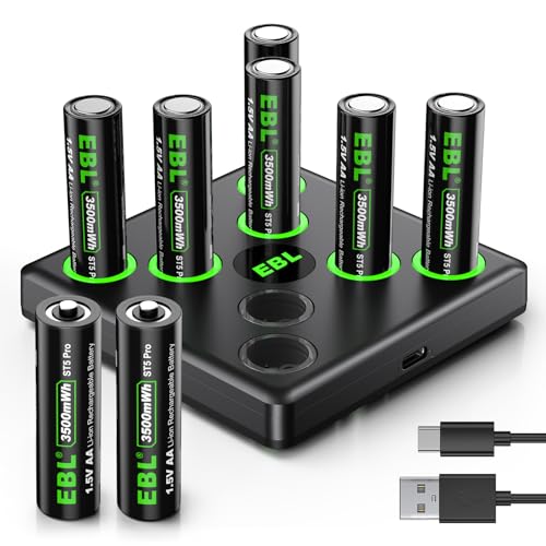 EBL Rechargeable Lithium AA Batteries with USB-C Fast Charger, 8-Pack 1.5V Lithium Battery AA...