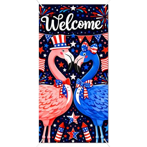 Image of BlissYard Welcome Patriotic Flamingo Door Cover 71x35 Inch 4th of July Front Door Cover Decoration Red White Blue Flamingo Door Banner Independence Day Porch Door Cover July 4th Door Decorations