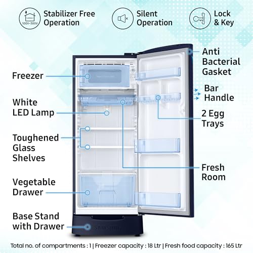 Image of Samsung 183 L, 5 Star, Digital Inverter, Direct-Cool Single Door Refrigerator (RR20D2825HV /NL, Himalaya Poppy Blue, Base Stand Drawer)