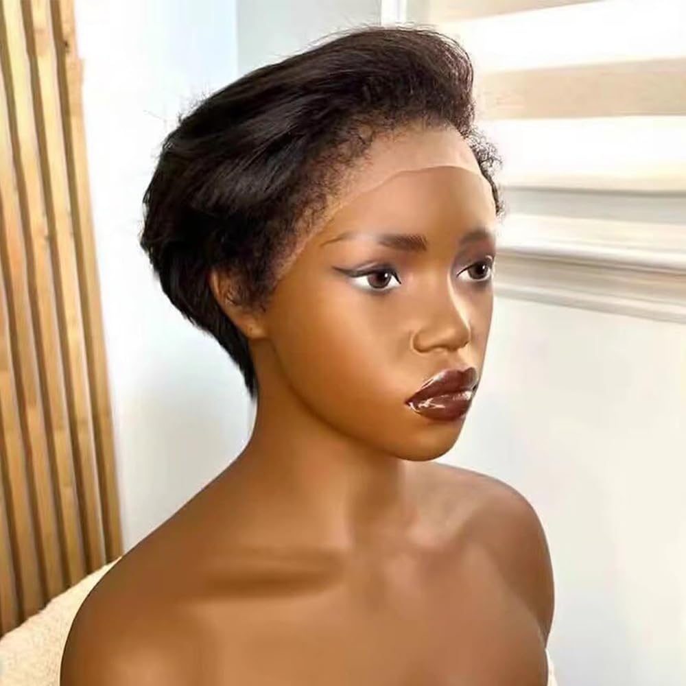 Short Bob Straight Wig with 4C Kinky Edges Hairline 13x4 HD Invisible Lace Frontal Wigs with Curly Baby Hair Natural Color 180% Density Pre Plucked Brazilian Glueless Wigs with Bleached Knots 8 Inch