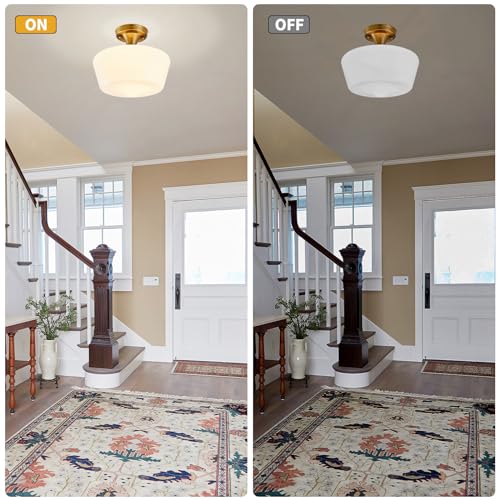 Youngrender C006 Schoolhouse Light Fixture Modern Gold Ceiling Light,Semi Flush Mount Ceiling Light,12''Wide Opal Milk Glass Shade,Brass Vintage Light thumb #7