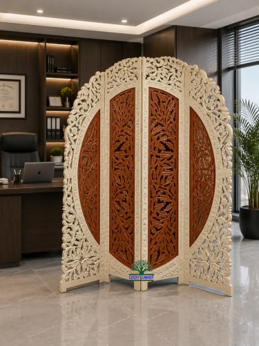 Image of Wooden Room Divider Partition for Living Room | Foldable 4 Panel Decorative Privacy Screen Separator for Home, Office & Bedroom | Modern (Cream & Brown)