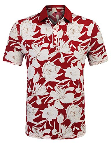 URRU Men's Short Sleeve Polo Shirt Slim Fit Casual Striped T Shirt Wine Red M - Thumbnail 2