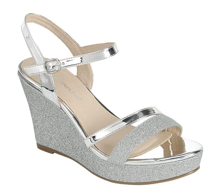 Forever FQ22 Women's Glitter Strappy Wrapped Wedge Heel Platform Sandals, Silver-1, Size 62