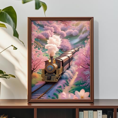 Image of Diamond Art Painting Kits for Adults, Vintage Steam Train 5D Diamond Painting Dots Art Kits for Beginners, Cherry Blossom DIY Full Round Gem Crystal Art Paint by Diamond, Home Wall Decor 12x 16 in