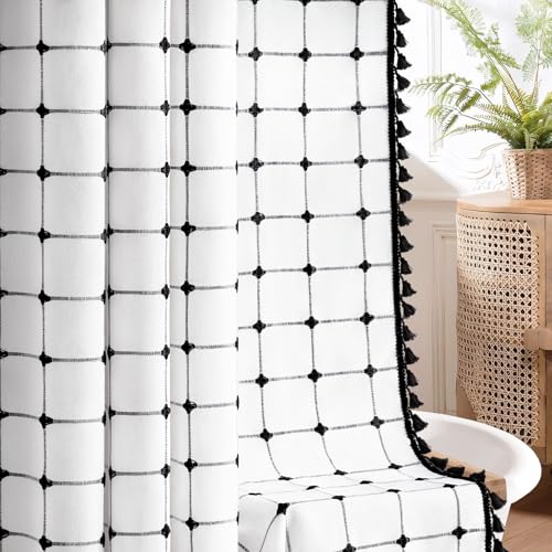 NDDYCU Black and White Boho Shower Curtain Farmhouse Linen Gingham Fabric with Tassels 72 X 72