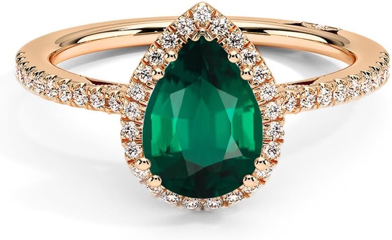 1 Ct. Pear Cut Green Emerald & Diamond Halo Engagement Ring For Women, 14K Gold Plated 925 Silver May Birthstone Emerald Bridal Side Stone Ring