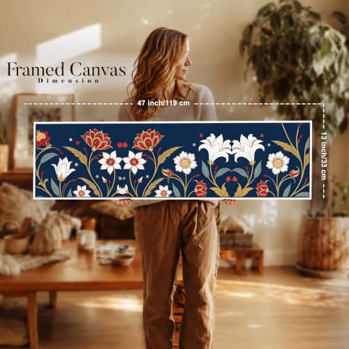 Image of Blue Luxury Floral Botanical Canvas Framed Wall Art Painting For Living Room, Blue Ornamental Flowers Painting With Frame, Elegant Panoramic Botanical Wall Art For Home & Office Decor, 13x47 Inch