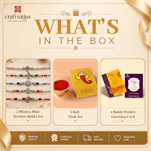 Image of CraftVatika Silver Rakhi Set of 5 for Brother Bhai Men Boy, Rakhis for Rakshabandhan, Ganesha, Radha Krishna Om Religious Silver Rakhi for Brother Rakshabandhan Thread with Best Wishes Card Tilak Set