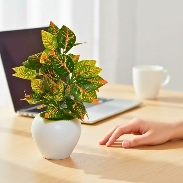 Image of fancymart Artificial Plant Leaves in Apple Pot (30 cm Height) | Small Potted Plant for Office Desk | Home Decor for Living Room | Cafe & Restaurant Table Decoration