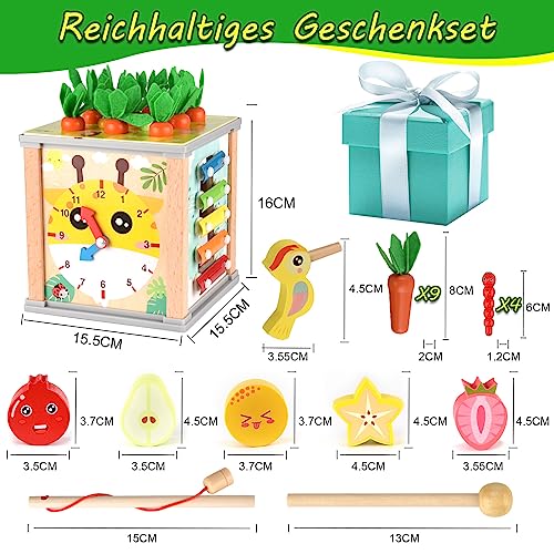 Nauotk Motorikwürfel Holz Baby ab 1 Jahr, 7 in 1 Aktivitätswürfel, Montessori Activity Center, Karottenernte Holzspielzeug Motorikspielzeug für Kleinkinder Baby, MWDH-006, Farbe