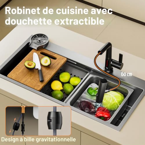 Robinet de cuisine haut réglable noir avec écran de température