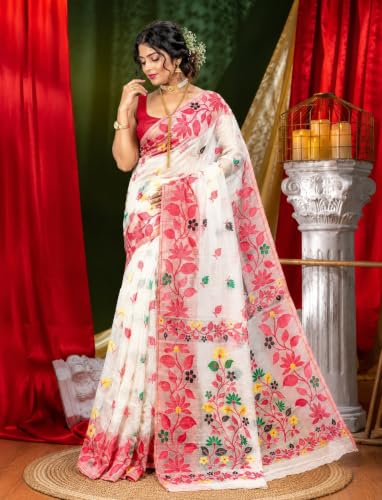BASANA SAREE KUTHIR Women's White Jamdani Saree WHITE & RED - Image 4
