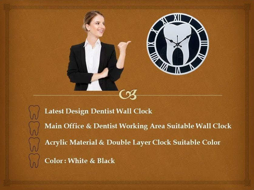 MASTANO Dentist Wall Clock Tooth Themed with Roman Number Wall Clock | Great Decoration for Dental Clinic, Hospital | Frameless Watch | Black & White | CL-31 4