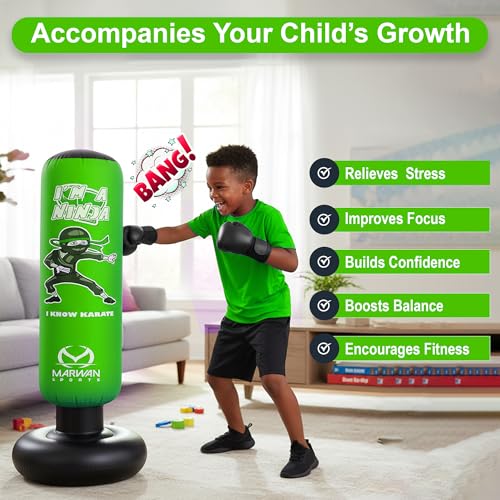 Image of Marwan Sports Ninja Kids Punching Bag - Inflatable Sensory Toy & Birthday Gift for Boys & Girls Ages 4-12, 63 inch Freestanding 5-in-1 Kit, Indoor Apartment-Quiet Sensory-Friendly Active Play