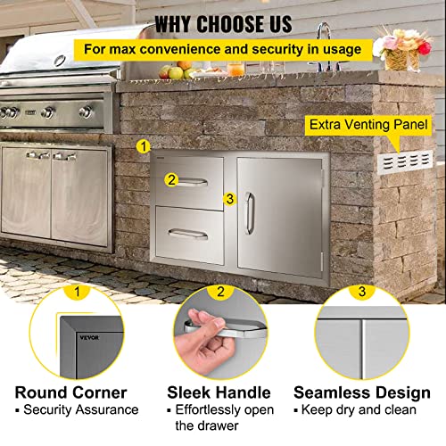Image of VEVOR Outdoor Kitchen Door Drawer Combo, 32.5 inch W x 21.6 inch H x 20.5 inch D, Access Door /Double Drawers with Paper Towel Rack, Stainless Steel Handles for BBQ Islands