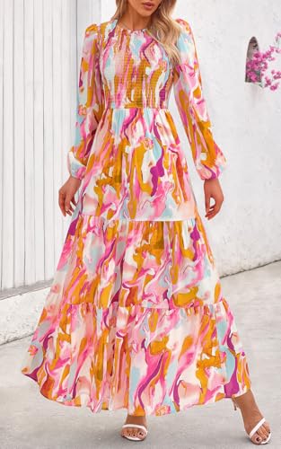 Image of PRETTYGARDEN Women's Fall Dresses 2026 Long Sleeve Flowy Casual Floral Maxi Dress Crew Neck Smocked Tiered Long Dress