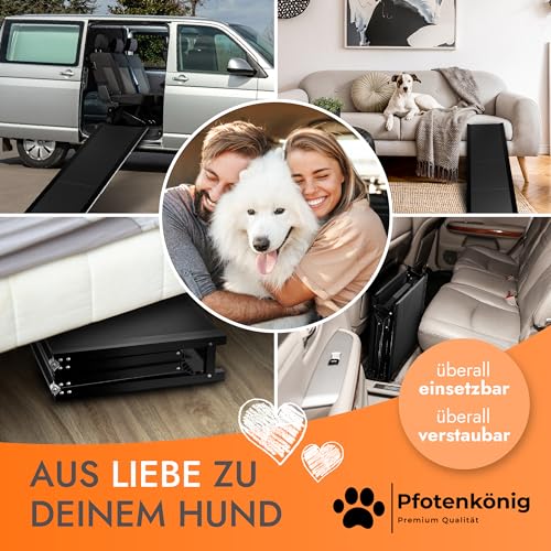 PFOTENKÖNIG Hunderampe - bis 90kg - [PLATZWUNDER] - stabile Premium Hunderampe Auto klappbar - Anti-Rutsch Hunderampe Auto aus Leicht-Alu - passt für alle Fahrzeuge